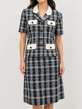 Michael Phillips Vintage Plaid Skirt Suit Set Size 7 Black White Career